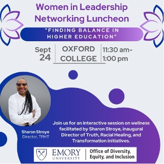 event flyer for Women in Leadership Networking Luncheon — includes text from the content which preceeds this image — with purple and blue flower graphics and a photo of Sharon Stroye