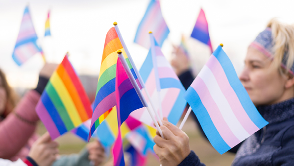 people holding trans and rainbow flags at outdoor event